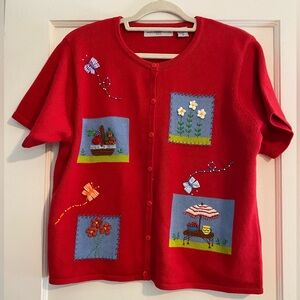 Vintage Marisa Christina Picnic Kite Cardigan Short Sleeve Sweater Red Size XL